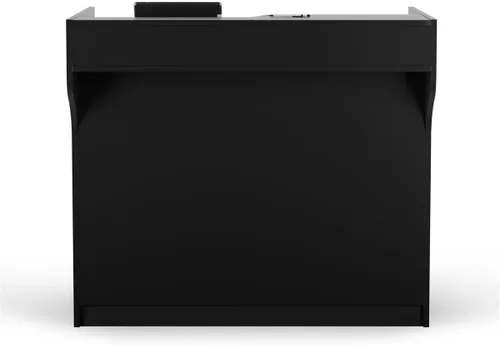 Vista 5 de Mueble de melamina para caja registradora, color negro, con estantes ajustables, cajón, y superficie para llenar cheques.