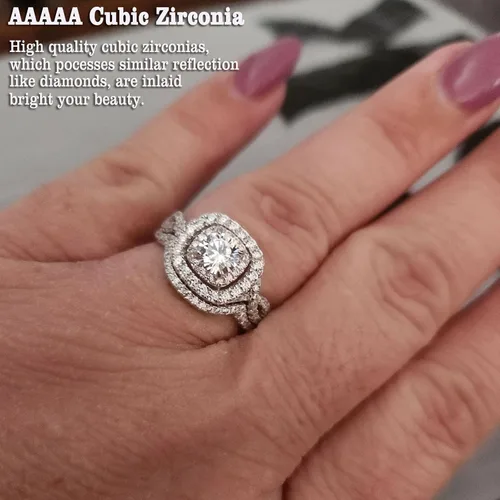 Vista 3 de Juego de anillos de boda Newshe Jewellery con circonita cúbica, anillos de compromiso para mujer, de plata de ley 925, juego de anillos de boda