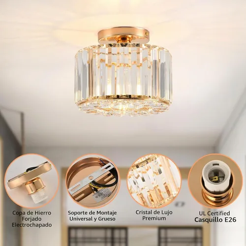 Vista 3 de Lámpara de techo de cristal, lámpara de techo semiempotrada de cristal dorado para dormitorio, cocina, pasillo, entrada, balcón, comedor, sala