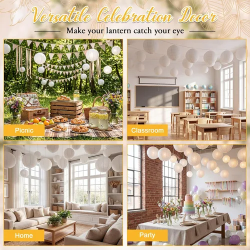 Vista 6 de Treela Faroles de papel japoneses chinos blancos decorativos colgantes redondos de papel para decoración de bodas, fiestas de cumpleaños