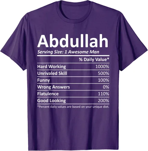 Vista 23 de ABDULLAH Nutrition Funny Birthday Personalizado Nombre Regalo T-Shirt Negro