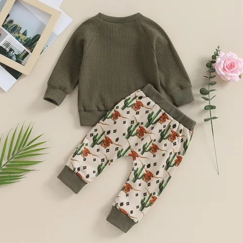 Vista 2 de Molioaky Ropa occidental para bebé recién nacido, sudadera con estampado de vaca, sudadera y pantalones deportivos, conjunto de ropa para otoño e