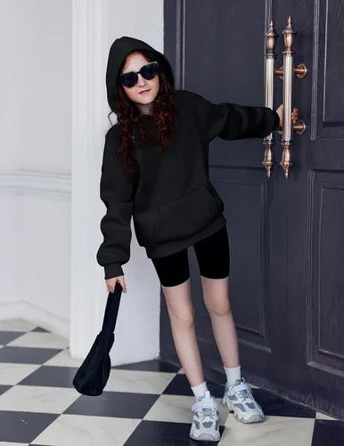 Vista 4 de Arshiner Sudaderas con Capucha de Gran Tamaño para Niñas Sudaderas Pullover de Forro Polar Conjuntos Casuales de Moda para Niños Ropa de Otoño Negro