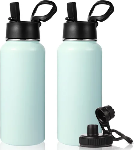 Vista 11 de Neihepal Botella de agua aislada de 32 onzas con 2 tapas (tapa con pajilla y boquilla), botellas de agua de doble pared de acero inoxidable 18/8