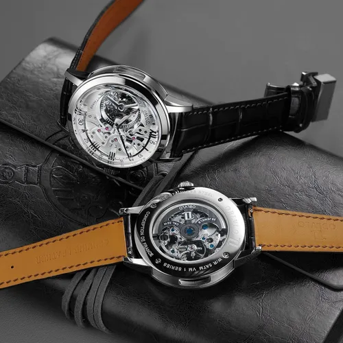 Vista 6 de OBLVLO Relojes de oro rosa de lujo para hombre, esfera esquelética, relojes automáticos, correa de cuero VM-1