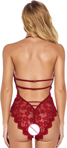 Vista 5 de Lencería sexy sin espalda para mujer, cuello en V profundo, body de encaje babydoll ropa interior ropa de noche