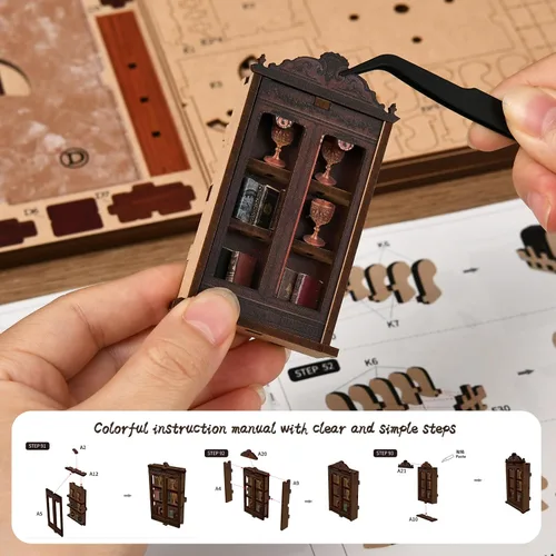 Vista 8 de Kit de rincón de libros en miniatura, rompecabezas de madera 3D, decoración de estantería de biblioteca con luces LED, modelo de casa pequeña