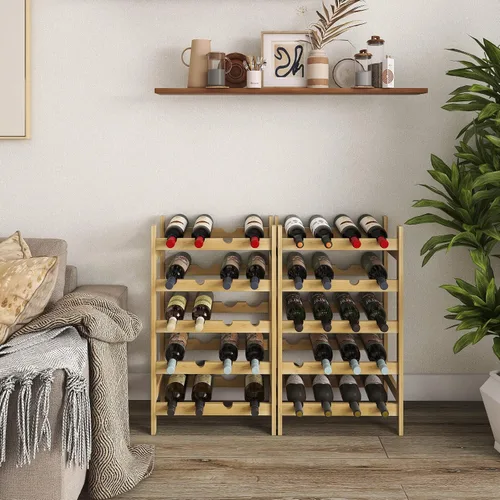 Vista 3 de SMIBUY Estante de bambú para vino, soporte para 20 botellas, estantes de almacenamiento independientes de 5 niveles para cocina, despensa, bodega