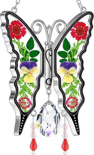 Vista 24 de KY &BOSAM - Atrapa luz de vitral con mariposa de color, con la frase A special teacher. Campanilla para el viento, como regalo para la profesora