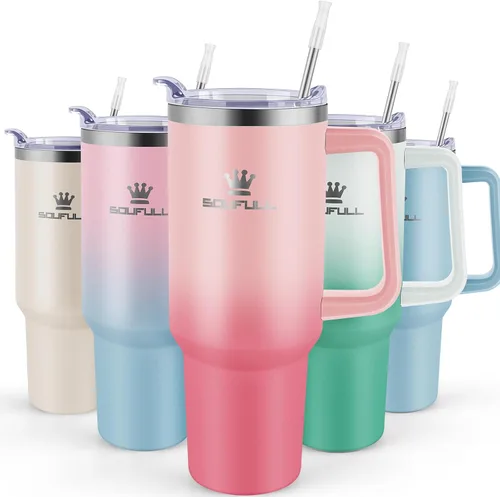 Vista 11 de Vaso de 40 onzas con asa y tapa con popote, taza de café de viaje 100% a prueba de fugas, taza aislada de acero inoxidable para bebidas frías
