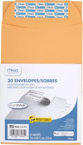 Vista 5 de Mead Sobres, tamaño carta, 6 x 9 pulgadas, cierre autoadhesivo Press-It Seal-It, sobres de papel kraft marrón multiusos de 24 libras, 30