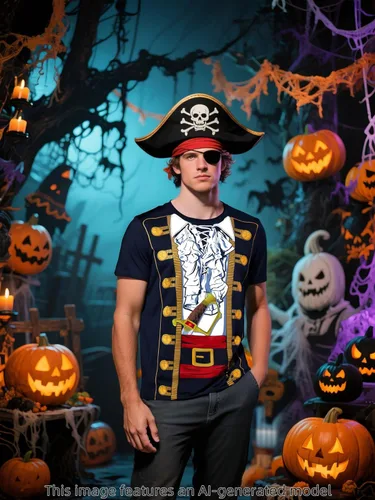 Vista 7 de Funny World Disfraz de Halloween de manga corta con estampado de pirata para hombre Negro