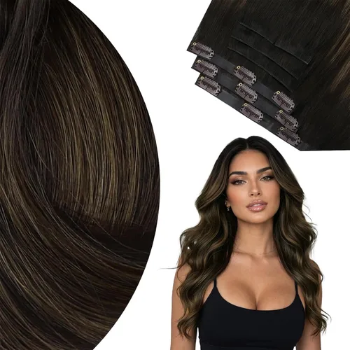 Vista 68 de Ve Sunny Extensiones de cabello clip-in de cabello humano real con reflejos, extensiones de cabello con clip para cabello corto, marrón oscuro