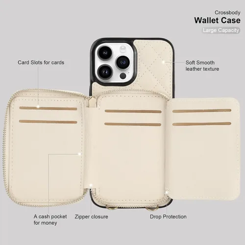 Vista 7 de Bocasal Funda tipo cartera cruzada para iPhone 13 Pro Max, bloqueo RFID de cuero PU con cremallera, bolso cartera con tapa plegable, funda tipo