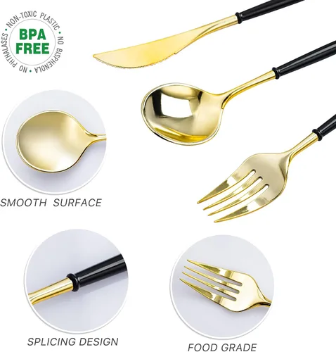 Vista 3 de N9R Juego de cubiertos de plástico dorado - 90 piezas con mango negro - Cubiertos de plástico elegantes, resistentes - 30 cucharas, 30 tenedores, 30