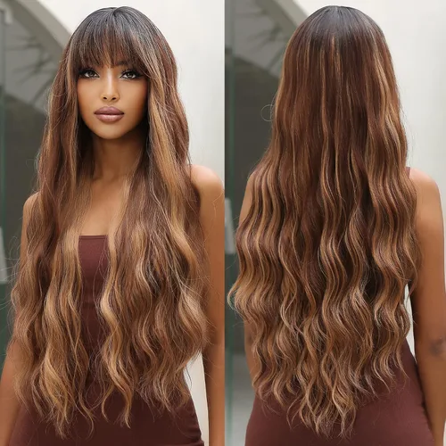 Vista 8 de Allbell - Pelucas largas negras para mujer, rizada, sintética, con flequillo, onda corporal, de aspecto natural, fibra resistente al calor, cabello