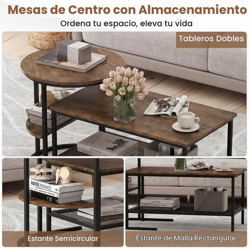 Vista 3 de Giantex Juego de 2 mesas auxiliares anidadas, mesa rectangular desmontable y mesa redonda con veta de madera, marco de metal dorado resistente, mesa