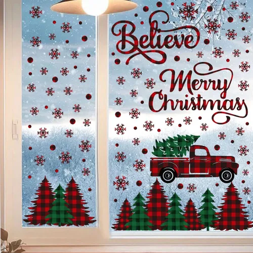 Vista 3 de Horaldaily 226 calcomanías de Navidad para ventana, árbol rojo y verde, camión de nieve para suministros de fiesta en casa, tienda, ventana