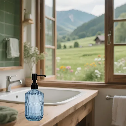 Vista 2 de Dispensador de Jabón de Vidrio Azul de 18oz, Dispensador de Jabón Recargable de Cocina y Baño de Vidrio Grueso con Bomba Negra a Prueba de Óxido