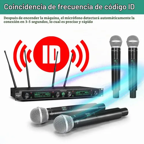 Vista 4 de Sistema de Micrófono Inalámbrico, Micrófono Profesional UHF de 4 Canales, Empareja Automáticamente Micrófono Inalámbrico de Metal con 4 Micrófonos