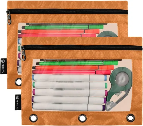 Vista 2 de Estuche naranja para carpeta de 3 anillas, paquete de 2 bolsas para lápices con ventana transparente con cremallera y ojales reforzados, estuche