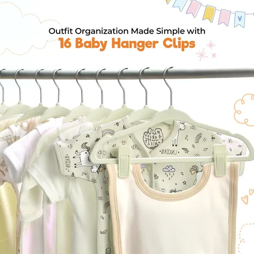 Vista 4 de Perchas de terciopelo para bebé con clips (paquete de 30) Perchas ultrafinas para ropa de bebé de 11 pulgadas Fieltro antideslizante Beige