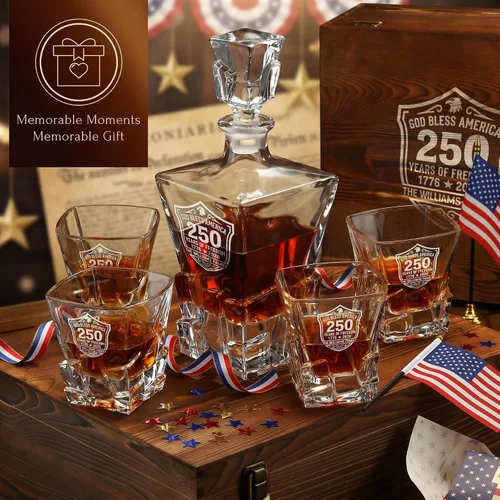 Vista 8 de Juego de decantador de whisky personalizado para el 250 aniversario Rocks, regalo de independencia de Estados Unidos 250 para hombres, nombre