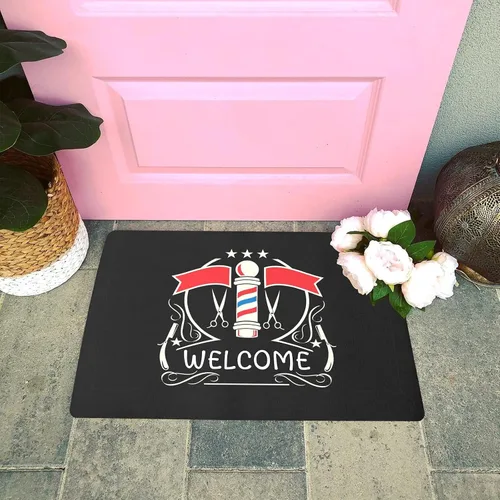 Vista 2 de XOZOTY Tapete personalizado con peluquería de bienvenida, ultra absorbente, para interiores y exteriores, tapete de bienvenida para puerta
