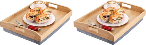 Vista 10 de Cedilis Bandeja de regazo de bambú con almohada desmontable, bandeja de servir de 16.9 x 13 pulgadas con asas para comer en la cama