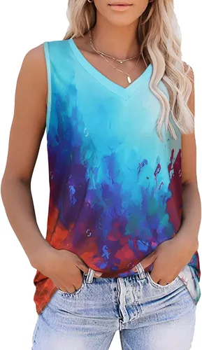 Vista 40 de Camisetas de verano para mujer, sin mangas, con cuello en V, ajuste holgado, casual, blusa tipo túnica Ab Cadetblue