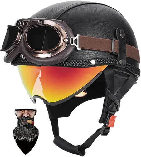 Vista 10 de Cascos Moto Retro Jet Vintage Medio, DOT Homologado Visera Retráctil PC y Hebilla Rápida, Desmontable para Hombre Mujer Adultos, Scooter Crucero