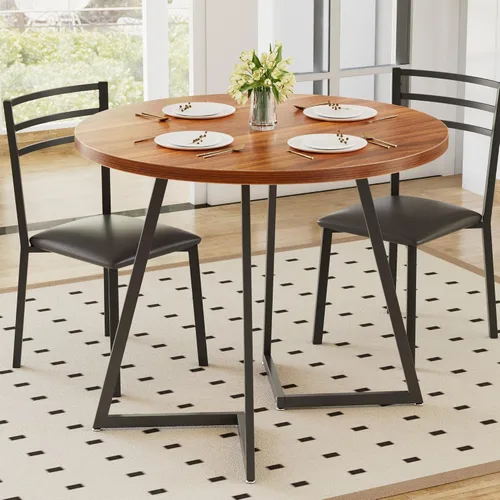 Vista 2 de VECELO Juego de mesa de comedor redonda para 4, mesa de madera y marco de acero resistente, comedor de 5 piezas con sillas para cocina, rincón