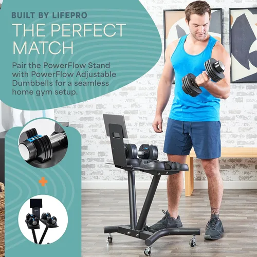 Vista 7 de Lifepro PowerFlow Pro Stand — Adjustable Dumbbell Stand & Rack with Locking Wheels Phone/Tablet Holder — Compatible with PowerFlow Plus, PowerUp