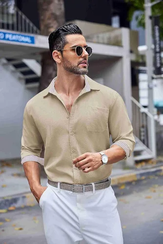 Vista 6 de COOFANDY Camisa de lino con botones para hombre, de manga larga, informal, para playa, con bolsillo