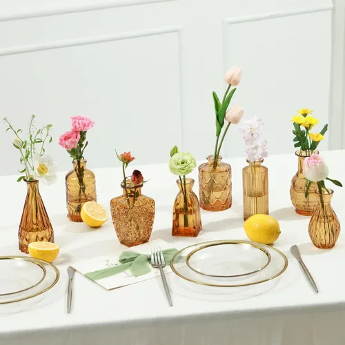 Vista 5 de Juego de 10 jarrones de cristal ámbar, pequeños jarrones de flores para decoración de boda