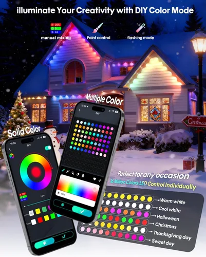 Vista 3 de Luces permanentes al aire libre Super RGB de 15,5 m, luces de cornisa RGB+IC inteligentes con control remoto por aplicación, LED de color individual