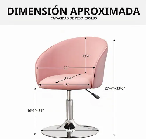 Vista 6 de Furnimart Silla de Tocador de Terciopelo con Marco de Cromo, Altura Ajustable y Giratoria, Rosa - Sala de Estar, Dormitorio, Oficina Terciopelo