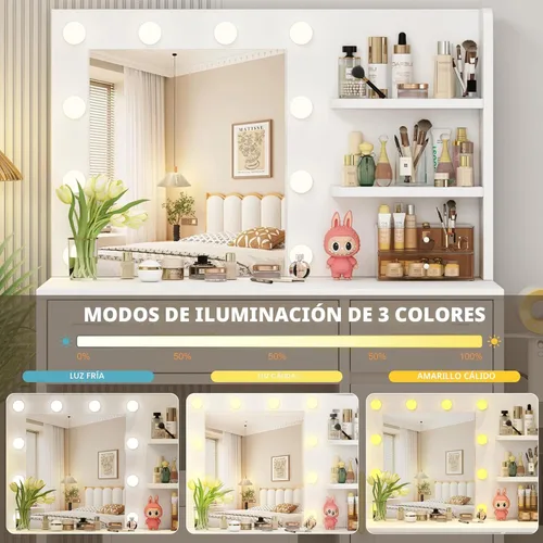 Vista 3 de Escritorio de tocador con espejo y luces y toma de corriente, escritorio de maquillaje con cajón y estantes de almacenamiento, 3 modos