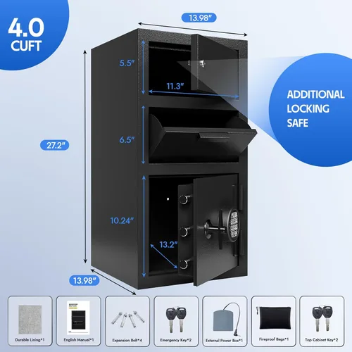 Vista 2 de Caja de seguridad con ranura de depósito para negocios, cajas fuertes para dinero con ranura de depósito de 4.0 pies cúbicos, caja fuerte