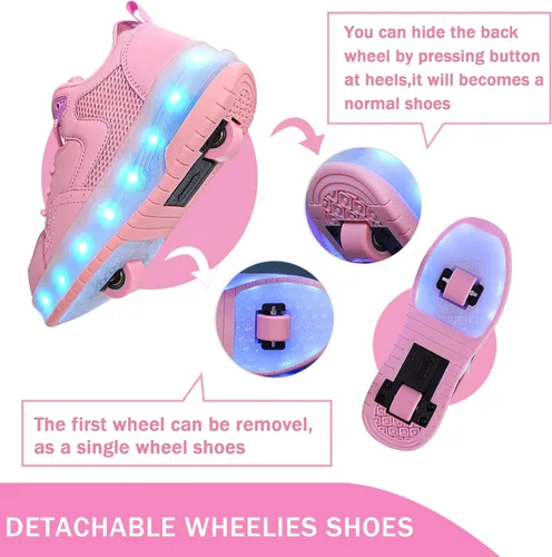 Vista 4 de Wooowyet - Tenis con ruedas y luces LED para niños y niñas, con ruedas, USB recargable, cierre de gancho y bucle
