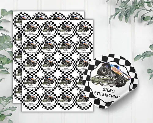Vista 2 de Pegatinas personalizadas para fiesta de cumpleaños de Monster Truck, etiquetas, etiquetas