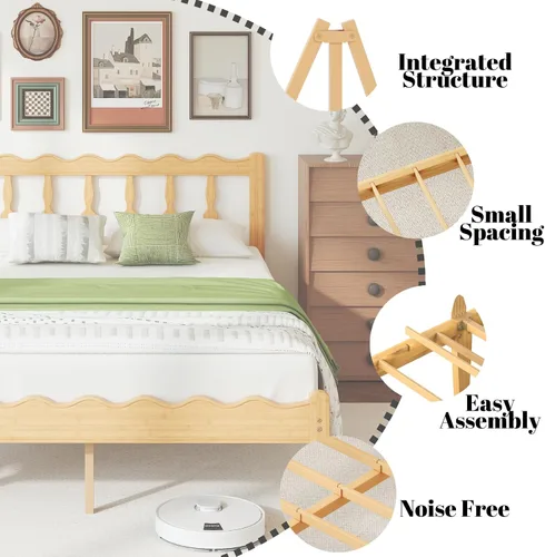 Vista 5 de Marco de cama matrimonial de bambú con cabecero, plataforma de madera maciza de 12 pulgadas, marcos de cama tamaño matrimonial con listones