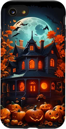 Vista 18 de iPhone 16 Halloween Spooky Haunted House Bats & Carved Pumpkins Case