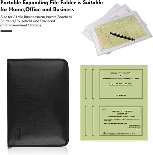Vista 4 de Carpeta de archivos expansible, organizador de documentos importante, bolsa de documentos ignífuga e impermeable con tamaño A4, 3 bolsillos, cierre