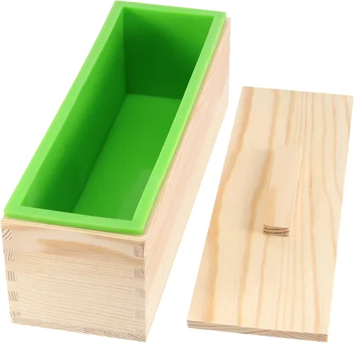 Vista 4 de Kit de jabón de silicona de 47 onzas, 3 piezas de jabón de silicona rectangular verde con 3 cajas de madera y 3 tapas, suministros de bricolaje