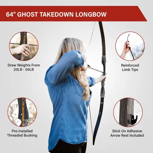 Vista 5 de Southwest Archery Arco largo Ghost Takedown – Arco de caza de arco largo de 64 pulgadas – Mano derecha e izquierda – Pesos de tracción en 20 – 50