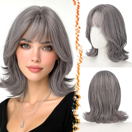 Vista 13 de BARSDAR Synthetic Short Layered Brown Highlights Bob Wig with Wispy Bangs