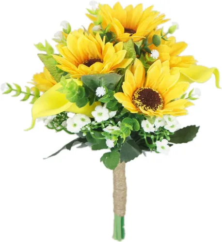 Vista 7 de Ramos de boda artificiales de flores de peonía y girasoles de calas (pomandro de 6 pulgadas)