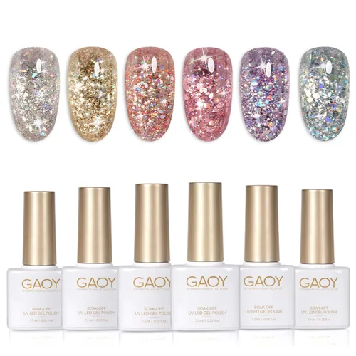 Vista 8 de GAOY Juego de Esmalte de Uñas con Purpurina Cromado Platino, 6 Colores Incluyendo Esmalte en Gel Brillante Resplandeciente UV LED Removible Negro