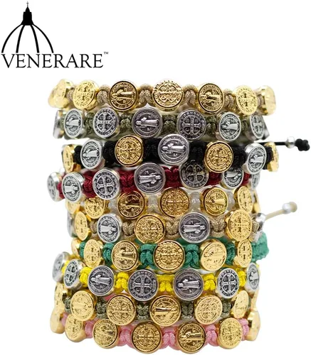 Vista 4 de Pulsera tejida con 10 cuentas de medalla de San Benito Gran regalo católico para primera comunión y confirmación Ajustable para un ajuste cómodo